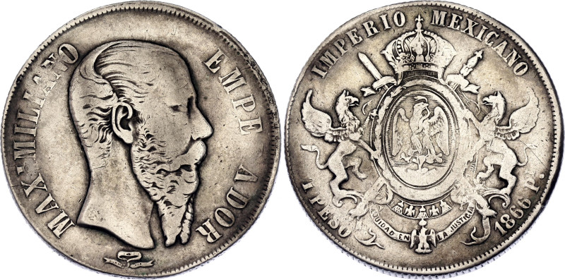 Mexico 1 Peso 1866 Pi. KM# 388.2, N# 7989; Silver 27.07 g.; Maximiliano I; Potos...