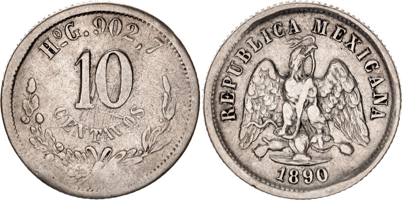 Mexico 10 Centavos 1890 Ho G. KM# 403.6, N# 15262; Silver 2.7 g.; Hermosillo Min...