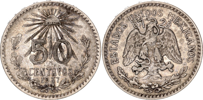 Mexico 50 Centavos 1937 M. KM# 447, N# 3844; Silver 8.33 g.; Mexico Mint; XF+...