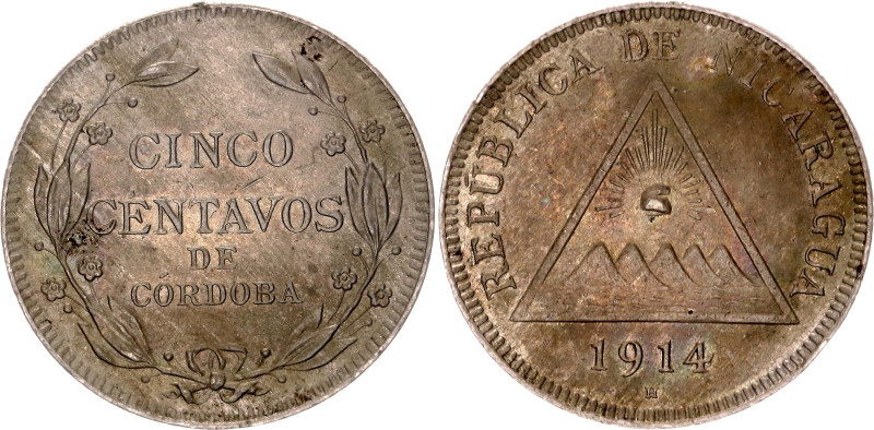 Nicaragua 5 Centavos 1914 H. KM# 12, Schön# 12, N# 14978; Copper-nickel; XF/AUNC...