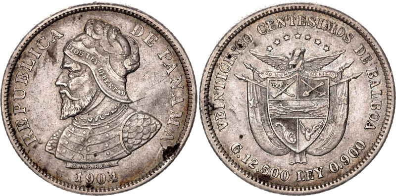 Panama 25 Centesimos 1904. KM# 4, N# 14205; Silver; Vasco Núñez de Balboa; XF+