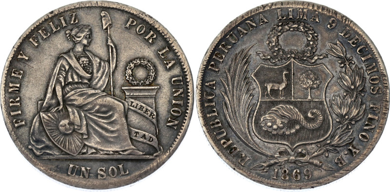 Peru 1 Sol 1869 YB. KM# 196, N# 9096; Silver; XF+ with nice toning