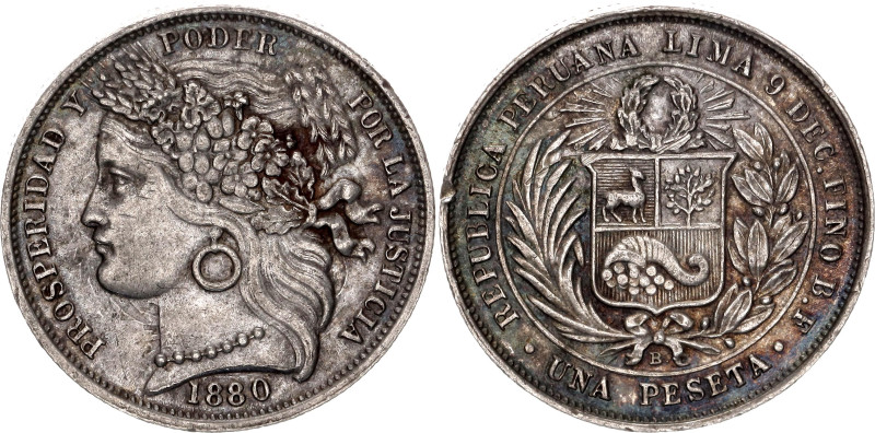 Peru 1 Peseta 1880 BF. KM# 200, N# 18437; Silver; XF+