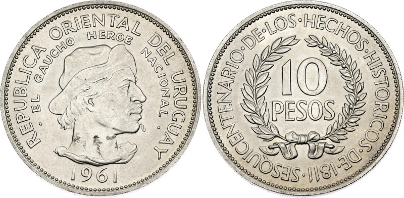 Uruguay 10 Pesos 1961. KM# 43, SA# 84, CG# 84, N# 4362; Silver 12.5 g.; Sesquice...