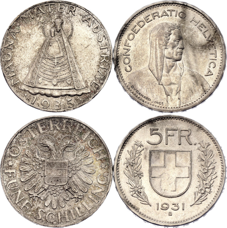 Austria & Switzerland 5 Francs - 5 Schilling 1931 - 1935. Silver., Total 30 g.; ...