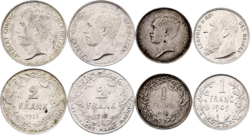 Belgium Lot of 4 Coins 1909 - 1913. Silver., Total weight 28.87 g.; Various Date...