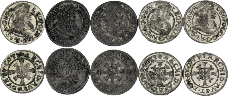 Europe 5 x 1 Kreuzer 1658 - 1697. KM# 1135, 1136, 606; Silver; Leopold I; Hall &...