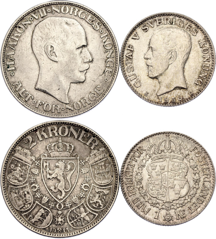 Norway & Sweden 1 Krona - 2 Kroner 1913 - 1936. Silver., Total 22.5 g.; Haakon V...