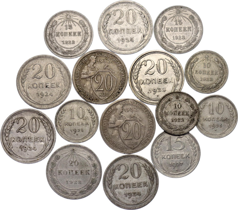 Russia - USSR Lot of 15 Coins 1923 - 1932. With Silver; Various Dates & Denomina...