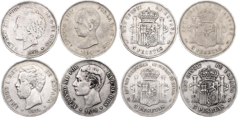 Spain Lot of 4 Coins 1871 - 1892. Silver., Total weight 98.73 g.; Various Dates ...