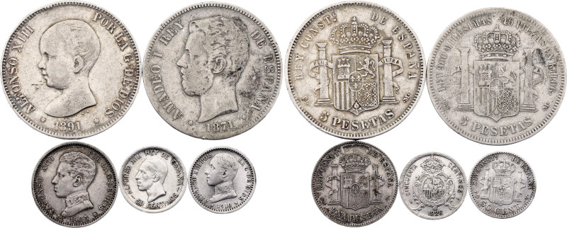 Spain Lot of 5 Coins 1871 - 1926. Silver., Total weight 59.05 g.; Various Rulers...