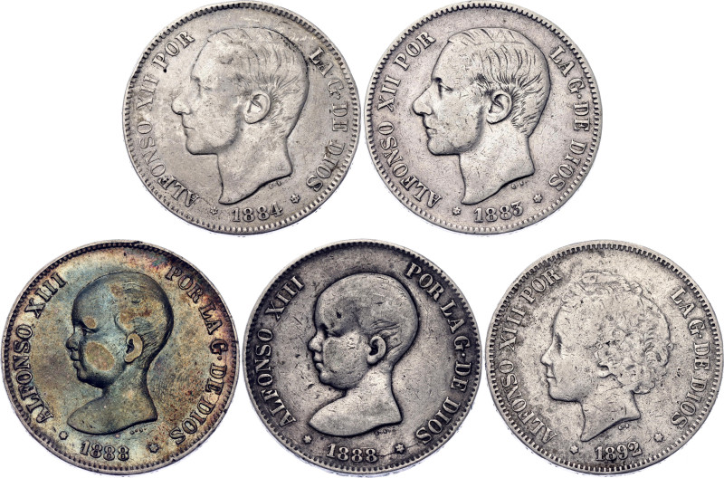 Spain 5 x 5 Pesetas 1883 - 1892. Silver., Total weight: 123.27 g.; Various Ruler...
