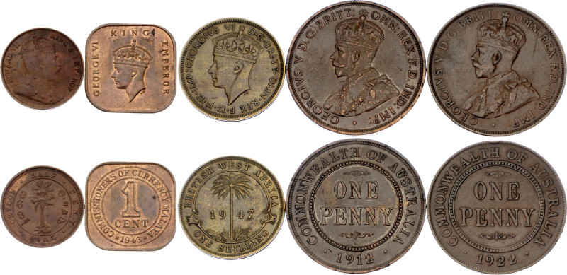 World Lot of 5 Coins 1905 - 1947. Various Countries, Dates & Denominations; Bron...