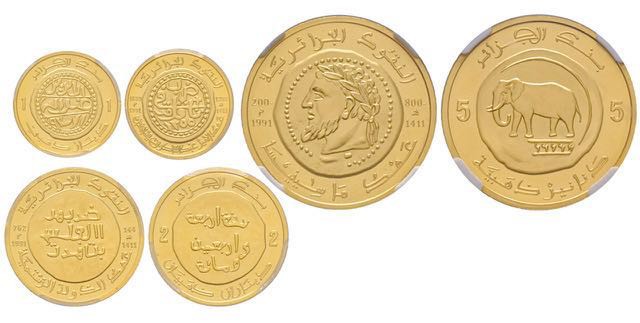 Algerie, République 1962-
5 Dinars, 2 Dinars, 1 dinar, AH 1411 (1991), AU 16.12 ...