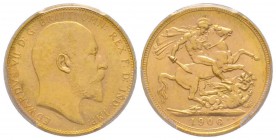 Edward VII 1901-1910
Sovereign, Melbourne, 1906 M, AU 7.98 g. 917‰
Ref: Fr. 33, KM#15, Spink 3971 
Conservation: PCGS MS62