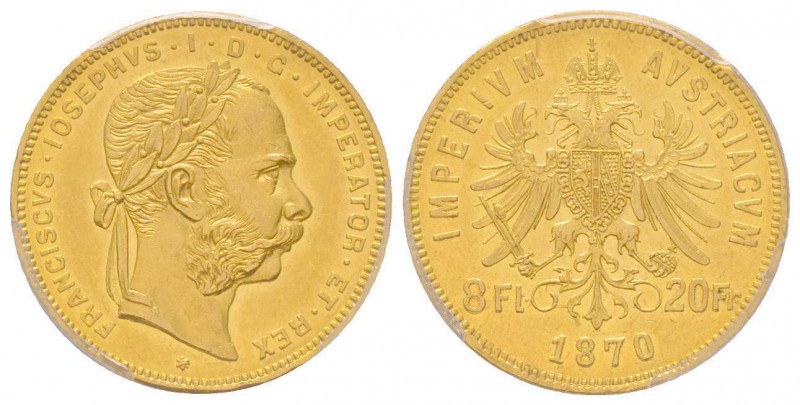 Austria, Franz Joseph, 1848-1916
8 Florins, 1870, AU 6.45 g.
Ref: Fr. 502
Conser...