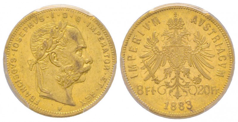 Austria, Franz Joseph, 1848-1916
8 Florins, 1883, AU 6.45 g.
Ref : Fr. 502, KM#2...