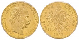 Austria, Franz Joseph, 1848-1916
8 Florins, 1888, AU 6.45 g.
Ref : Fr. 502, KM#2269 
Conservation : PCGS MS61