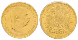 Austria, Franz Joseph, 1848-1916
10 Couronnes, 1910, AU 3.39 g. Ref : Fr. 513, KM#2816 
Conservation : PCGS MS63