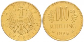 Austria, République 1918-
100 Schilling, 1926, AU 23.52 g. 
Ref : Fr. 520, KM#2842 
Conservation : PCGS PL61