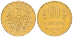 Austria, République 1918-
100 Schilling, 1930, AU 23.52 g. 
Ref : Fr. 520, KM#2842 
Conservation : PCGS PL53