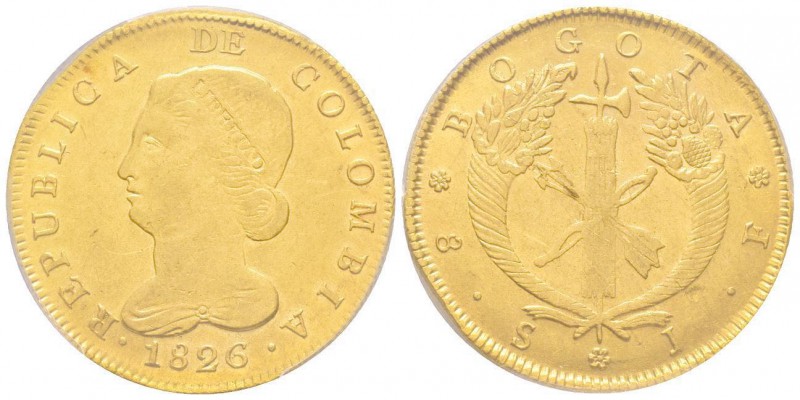 Colombia, Gran Colombia 1819-1831
8 Escudos, Bogota, 1826 JF, AU 27 g.
Ref : Fr....