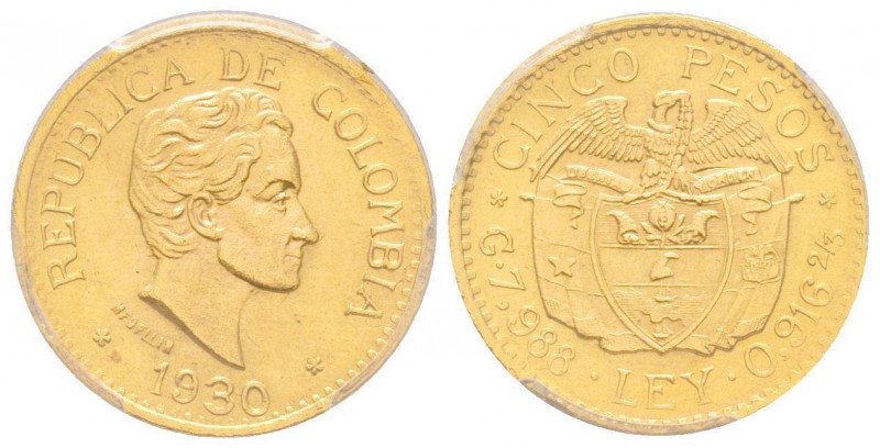 Colombia, Republica de Columbia 1886 -
5 Pesos, 1930 A, AU 7.98 g. 917‰
Ref : Fr...