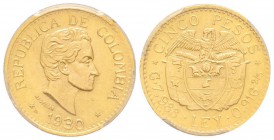 Colombia, Republica de Columbia 1886 -
5 Pesos, 1930 A, AU 7.98 g. 917‰
Ref : Fr. 115, KM#201.1, Restrepo 455.9 
Conservation : PCGS MS64