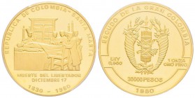 Colombia, Republica de Columbia 1886 -
30.000 Pesos, 1980, AU 34.58 g.
Ref : Fr. 141, KM#269
Conservation : PCGS PROOF 65 DEEP CAMEO
Death of Bolivar,...
