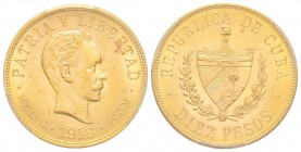 Cuba
Première République 1902-1962
10 Pesos, 1916, AU 16.7 g. 900‰
Ref :KM#20, Fr.3
Conservation : PCGS MS62