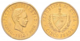 Cuba
Première République 1902-1962
5 Pesos, 1915, AU 8.35 g. 900‰
Ref : Fr. 4, KM#19
Conservation : PCGS AU58