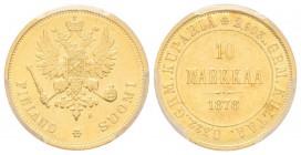 Finland, Alexander II 1855-1881,
10 Markkaa, 1878 S, AU 3.22 g.
Ref : Fr. 4, KM#8.1 
Conservation : PCGS MS62