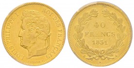 Louis Philippe 1830-1848
40 Francs, Paris, 1831 A, AU 12.9 g.
Ref : G.1106, Fr. 557
Conservation : PCGS AU55. Superbe