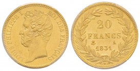 Louis Philippe 1830-1848
20 Francs tranche en creux, Paris, 1831 A, AU 6.45 g.
Ref : G.1030a, Fr.553
Conservation : PCGS MS62+
Le plus bel exemplaire ...