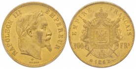 Second Empire 1852-1870
100 Francs, Strasbourg, 1862 BB, AU 32.25 g.
Ref : G.1136, Fr. 581 Conservation : PCGS MS62
Quantité : 3078 exemplaires. Rare