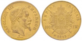Second Empire 1852-1870
100 Francs, Strasbourg, 1863 BB, AU 32.25 g.
Ref : G.1136, Fr. 581 Conservation : PCGS MS61. Quantité : 5078 exemplaires. Rare...