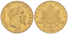 Second Empire 1852-1870
100 Francs, Paris, 1864 A, AU 32.25 g.
Ref : G.1136, Fr. 580 Conservation : PCGS MS62 Quantité : 5536 exemplaires. Rare