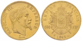 Second Empire 1852-1870
100 Francs, Paris, 1865 A, AU 32.25 g.
Ref : G.1136, Fr. 580 Conservation : PCGS MS62 Quantité : 1517 exemplaires. Très rare