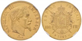Second Empire 1852-1870
100 Francs, Paris, 1865 A, AU 32.25 g.
Ref : G.1136, Fr. 580 Conservation : NGC MS61 Quantité : 1517 exemplaires. Très rare