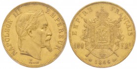 Second Empire 1852-1870
100 Francs, Strasbourg, 1866 BB, AU 32.25 g. Ref : G.1136, Fr. 580 Conservation : PCGS MS61 Quantité : 3075 exemplaires. Rare