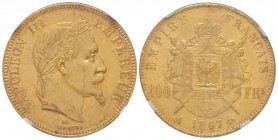 Second Empire 1852-1870
100 Francs, Paris, 1867 A, AU 32.25 g. Ref : G.1136, Fr. 580 Conservation : NGC MS61 Quantité : 4309 exemplaires. Rare