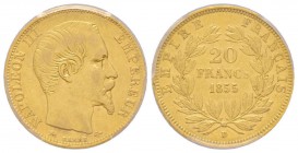 Second Empire 1852-1870
20 Francs, Lyon, 1855 D, petit lion, AU 6.45 g.
Ref : G.1061, Fr.574
Conservation : PCGS AU53