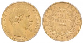Second Empire 1852-1870
20 Francs, Strasbourg, 1856 BB Chien/Abeille (Levrette), AU 6.45 g.
Ref : G.1061, Fr.574
Conservation : PCGS AU53.
Très rare d...