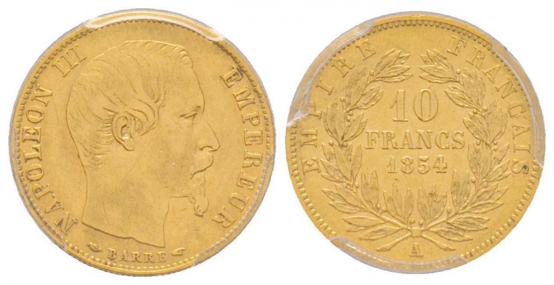 Second Empire 1852-1870
10 Francs, Paris, 1854 A, Tranche cannelée, AU 3.22 g. R...