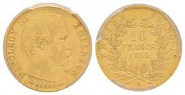 Second Empire 1852-1870
10 Francs, Paris, 1854 A, Tranche cannelée, AU 3.22 g. Ref : G.1013, Fr. 576 Conservation : PCGS XF40