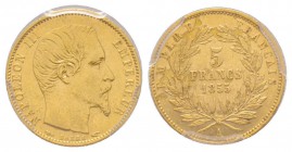 France, Second Empire 1852-1870
5 Francs, Paris, 1855 A, AU 1.61 g. Petit module
Ref : G.1000
Conservation: PCGS AU55
