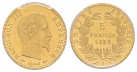 Second Empire 1852-1870
5 Francs, Paris, 1859 A, grand module AU 1.61 g.
Ref : G.1001, Fr. 578a
Conservation : PCGS MS63. Rarissime dans cette qualité...