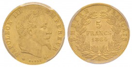 Second Empire 1852-1870
5 Francs tête laurée, Paris, 1864 A, AU 1.61 g. 
Ref : G.1002, Fr. 588 
Conservation : PCGS MS64