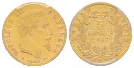 France, Second Empire 1852-1870
5 Francs, Strasbourg, 1867 BB, AU 1.61 g.
Ref : G.1002
Conservation: PCGS AU55