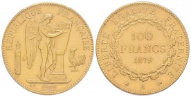 Troisième République 1870-1940 
100 Francs, Paris, 1879 A, ancre barrée, AU 32.25 g. Ref : G.1137, Fr. 590 
Conservation : PCGS MS62